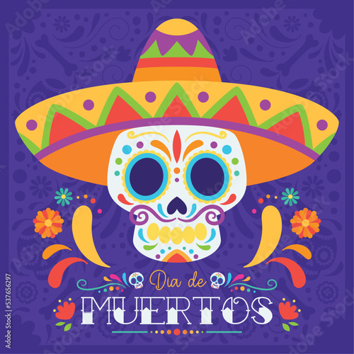 Dia de los muertos poster Skull with traditional mexican hat Vector illustration