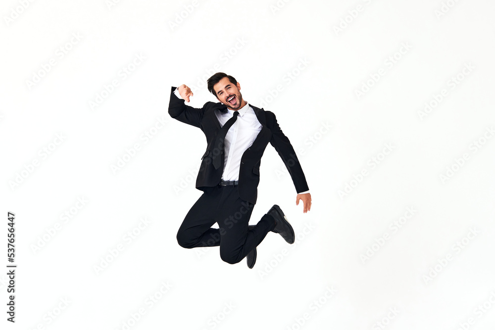 Man business smile with teeth in costume running and jumping up full-length on white isolated background copy space Man business smile with teeth in costume running and jumping up full-length on white isolated background copy space