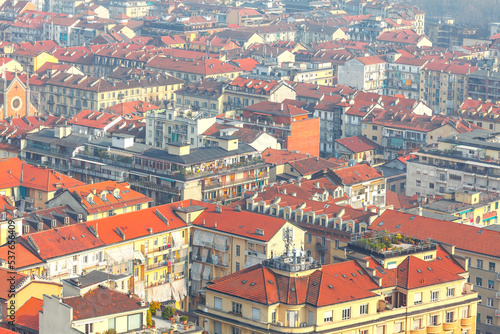 Residential houses in Turin view from above . City tiled roofs aerial view