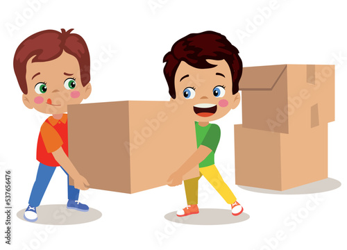 cute kids carrying heavy boxes