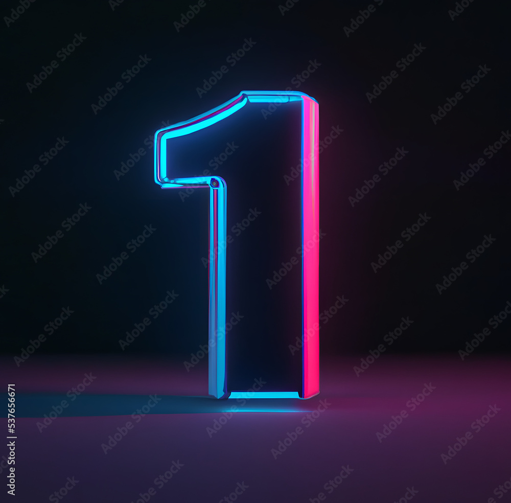 Render, number one, the best digital symbol, Neon light pink and blue