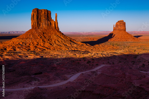 The Mittens, Buttes in Monument Valley at sunrise, Arizona and Utah, USA