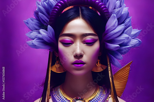 Asian woman with makeup and violet flowers