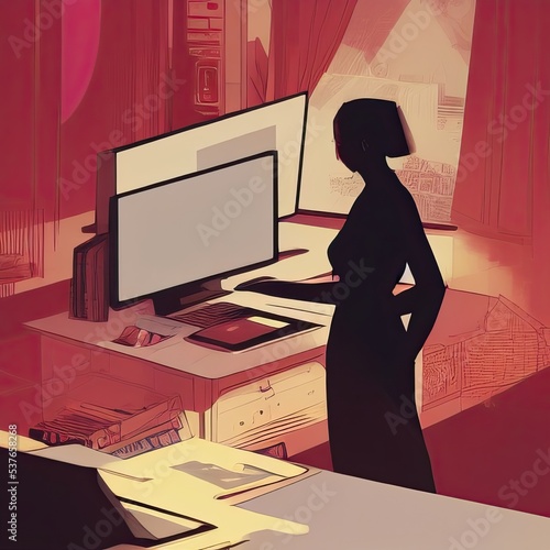 woman working at the computer from home or in a small office professional person with a career job, red white black colours detailed and vibtrant colours photo