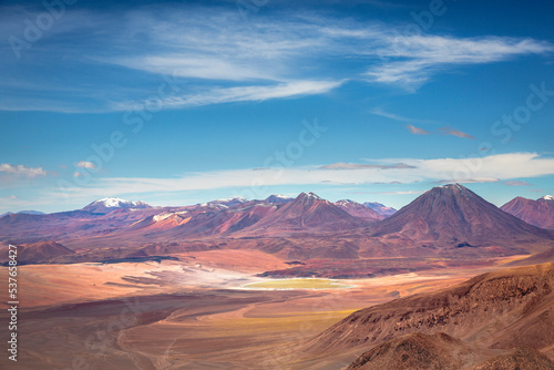 Atacama desert, volcanoes, Lake Lejia and arid landscape in Northern Chile