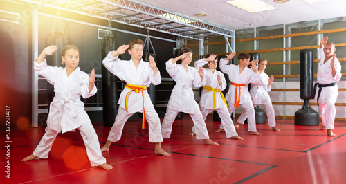 Group of girls and boys in kimono doing kata with their trainer in gym.
