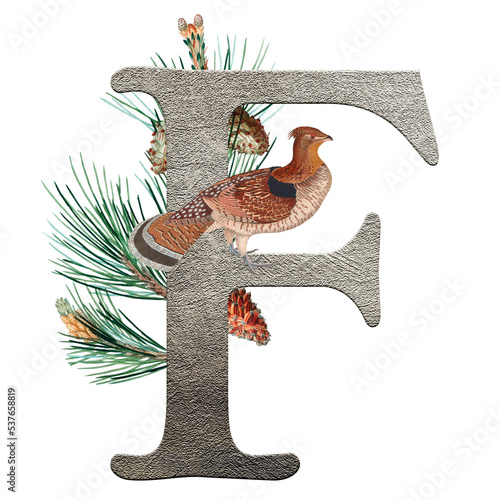 The F initial letter. Vintage Alphabet, set of hand-drawn ornate initial alphabet letters with winter wild animals. Luxury design of Beautiful vintage font for card, invitation, monogram, label, logo