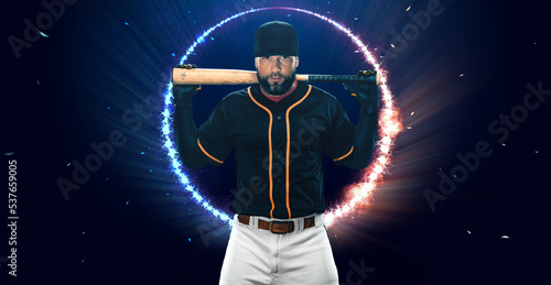 Photography Baseball player with bat on dark background. Ballplayer portrait.