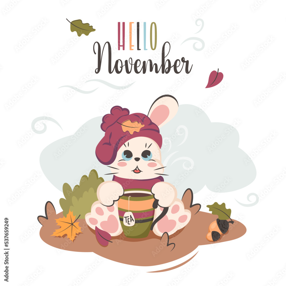 Fall card with cute pensive bunny dressed in winter warm hat and scarf. Little rabbit sitting on grass, holding cup of hot herbal tea and looks at falling autumn leaves. Vector cartoon illustration Fall card with cute pensive bunny dressed in winter warm hat and scarf. Little rabbit sitting on grass, holding cup of hot herbal tea and looks at falling autumn leaves. Vector cartoon illustration