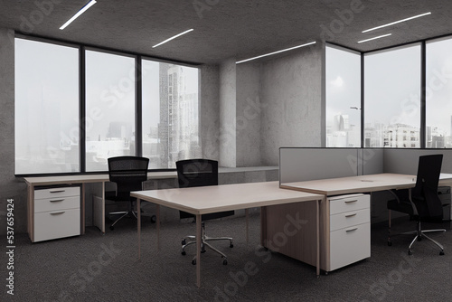 Office brown desks for employees, black chairs. Mock up of empty office interior 3d illustration