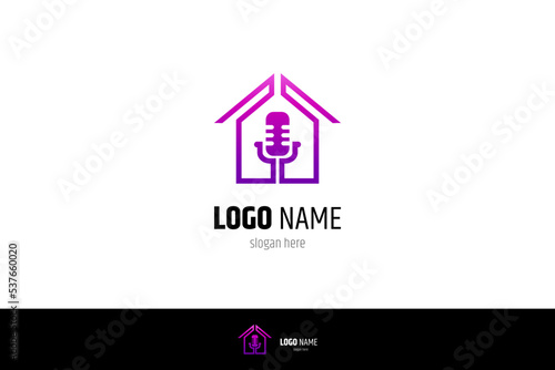 Podcast house or music studio with mic icon in flat line design