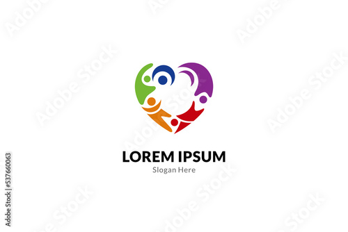 Childcare, charity community, heart with playful kids, people love and care logo vector