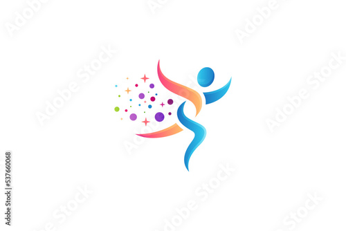Logo of people dancing merrily, decorated with stars and bubbles