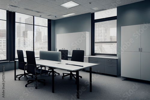 Black and white office room interior, desks and chairs. Office furniture 3d illustration 