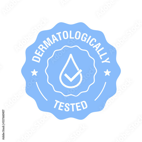 Dermatologically tested vector label with water drop and check mark. Dermatology test, dermatologist clinically proven icon for allergy free and healthy safe product package tag