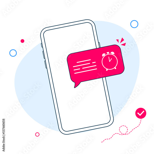Mobile alarm clock reminder message notice to wake up vector, smartphone phone watch timer notification. Flat cartoon icon. Vector