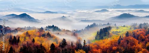 Beautiful panorama of autumn mountains. Morning fog in valley between mountain slopes. wonderful autumn landscape in mountains.  