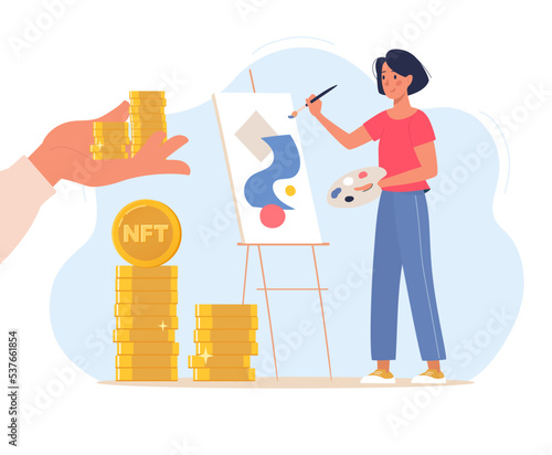Girl artist paints pictures and sells non-fungible tokens for cryptocurrency. Buying a work of art online with bitcoins. Modern flat style vector illustration isolated on blue background