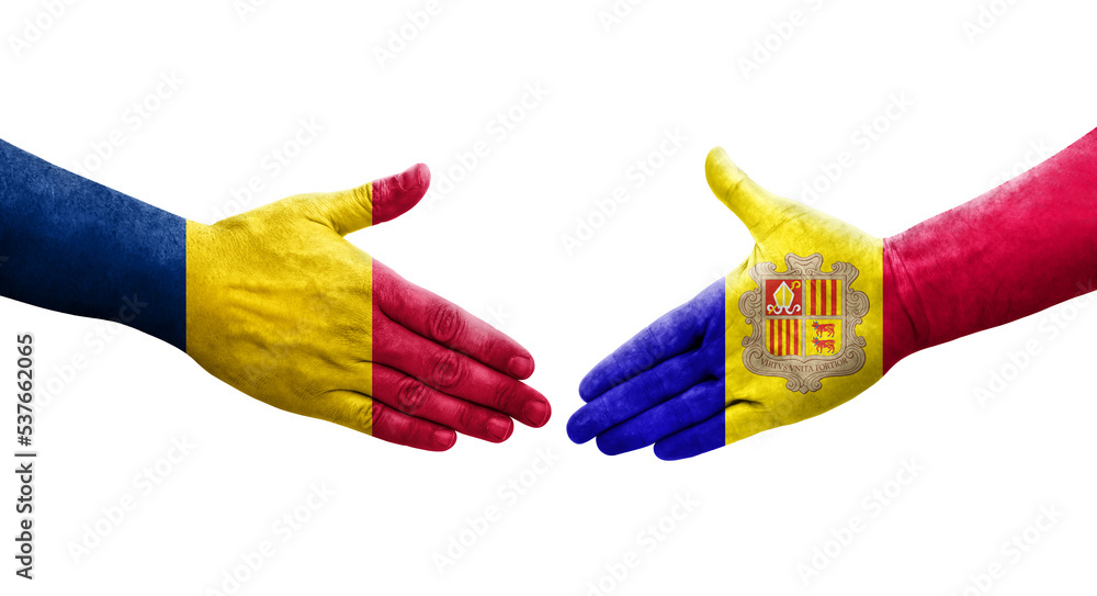 Handshake between Andorra and Chad flags painted on hands, isolated transparent image.