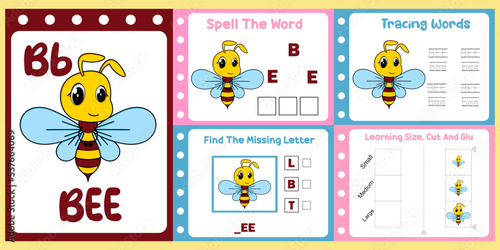 worksheets pack for kids with bee vector. children's study book Stock ...