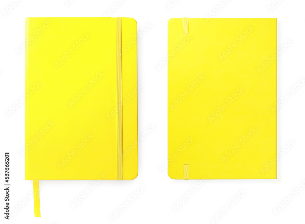 Bright yellow notebooks on white background, top view Bright yellow notebooks on white background, top view