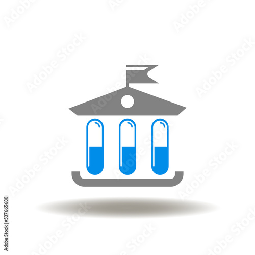 Vector illustration of administrative building with flag and pills capsules columns. Icon of FDA Food Drugs Administration. Symbol of Medicine Pharmacy Law Public Sector Building.