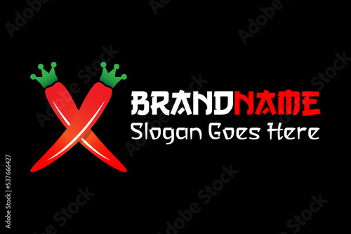 Red chili pepper letter X with crown design. Chili vector logo icon shape letter x spicy red vegetables