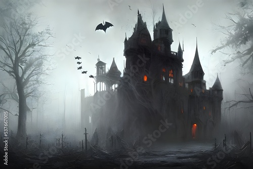 I am standing in front of a Halloween castle. It is huge and dark, with spooky towers reaching up into the sky. I feel a chill just looking at it.