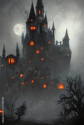 In the center of the image is a large, dark castle. It has many spooky features, like towers with pointy roofs and windows that are too high up to see into. There are bats flying around it and a full