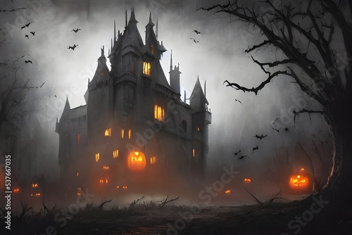 The Halloween scary castle is looming in the distance, its spooky towers reaching up into the dark night sky. A full moon hangs overhead, casting an eerie glow over the scene. bats flutter around the 