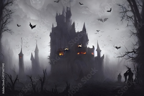 I am standing in front of a Halloween scary castle. It is dark and spooky, with bats flying around it. There are jack-o-lanterns lit up on the steps leading up to the door.