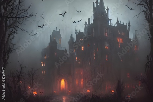 The scary castle is looming over the small town on Halloween night. The orange and black sky is lit up by the full moon, and bats are flying around the turrets of the castle. There is a foggy mist sur