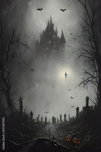 The castle is draped in a fog, with only the topmost towers reaching into the clear night sky. A full moon casts an eerie light on the scene below, where ghosts and ghouls are lurking around every cor