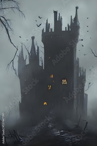 I am standing in front of a huge, dark castle. It is Halloween night and the moon is full. I am surrounded by bats and spiders. The castle looks very old and creepy.