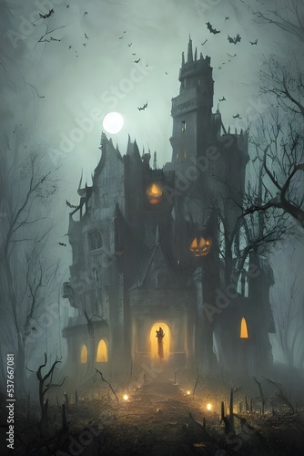 The castle is dark and spooky. It's Halloween night, and the moon is full. There are bats flying around, and you can hear ghosts moaning in the distance.