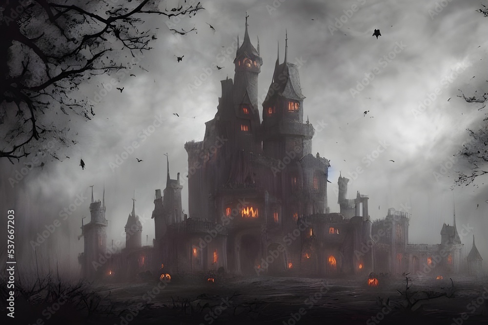 The Halloween scary castle is a large, dark building made of stone. It has many turrets and towers, and the windows are all boarded up. There is a huge iron gate at the entrance, and it looks like no 