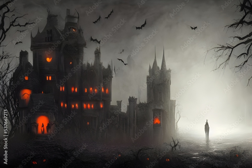 The Halloween scary castle is a towering, dark structure made of stone. It has spooky gargoyles on the roof and creepy ivy crawling up the sides. There is a large, imposing doorway with two heavy door