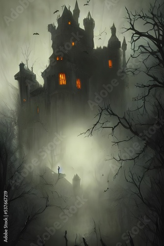 The Halloween scary castle is a place where people go to be scared. It is full of cobwebs and spiders, and the walls are covered in blood. There is a skeleton in the doorway, and bats fly around the r