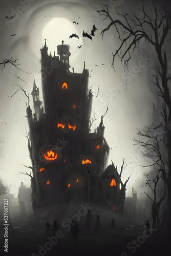 A huge, dark castle looms in the distance, its turrets and spires reaching into the stormy sky. A full moon hangs low in the sky, casting an eerie light over the scene. bats fly around the castle, and