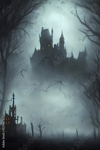 The Halloween scary castle is a spooky place that is perfect for getting into the holiday spirit. The castle has a dark and eerie feeling, and it is surrounded by foggy skies.