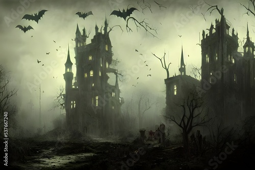 The Halloween scary castle is a spooky place that is perfect for a night of terror. The castle has eerie music playing in the background, and the windows are lit up with candles. There are bats flying