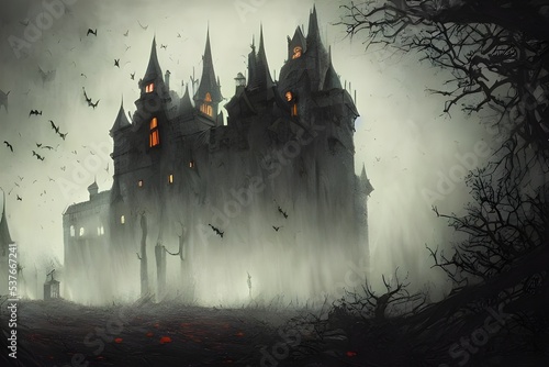 The Halloween scary castle is a large, spooky building made of dark stone. It has many pointy towers and windows, and is surrounded by a moat full of creepy creatures. The drawbridge is up and there s