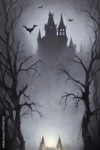 The Halloween scary castle is a huge, dark structure made of stone. It has many spooky towers and Webstertesque gargoyles. The front door is huge and foreboding, with two large brass knockers in the s