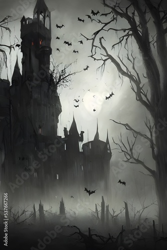 The castle is surrounded by a thick fog, and the only sound that can be heard is the howling of the wind. The front door of the castle is slightly open, revealing a dark and musty interior.
