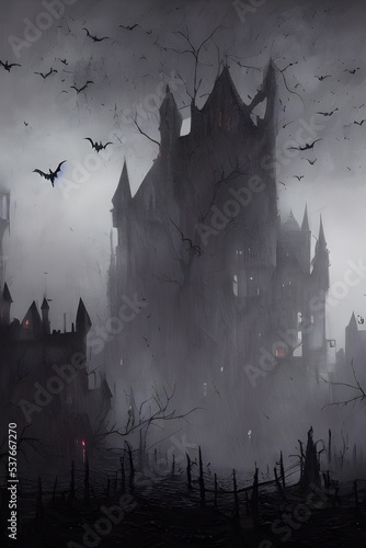 The Halloween scary castle is a large, dark building made of stone. It has several towers and spiked walls. There is a drawbridge over a moat filled with green slime. Cobwebs cover the windows and doo