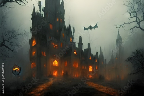 The Halloween scary castle is a towering, dark structure that looms over the surrounding area. It's made of stone and has many pointed spires and jagged edges. There are bats flying around it and jack