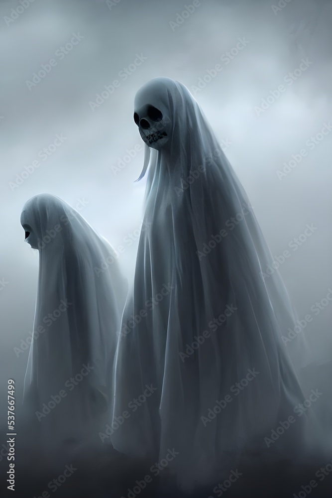 The sky is dark and the ghosts are flying around. They are white and transparent, and they look scary. The sky is dark and the ghosts are flying around. They are white and transparent, and they look scary.