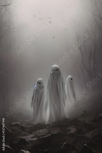 A group of children are sitting in a circle around two women dressed as scary ghosts. The ghosts are wearing white sheets with holes cut out for their eyes. They are making spooky noises and the child