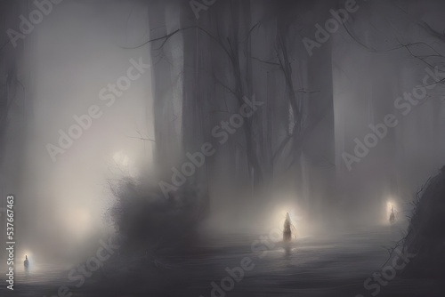 A group of ghosts are floating in the air above a dark and spooky forest. They have long, flowing robes that billow behind them in the wind. Their eyes are glowing white and they have silly grins on t