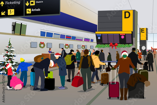 Airport Scene During Holiday Season Travel Vector Illustration